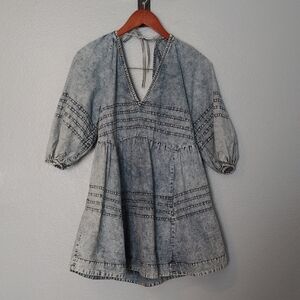 Free People Deep V Denim Jean Mini Dress Size Small
